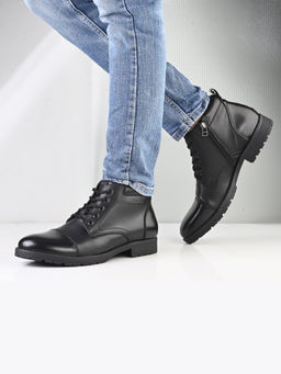 Valentino - Men Premium Leather Black Lace-Up Ankle Boots with Side Zipper