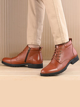 Valentino - Men Tan Premium Leather Police Lace-Up Ankle Boots with Side Zipper