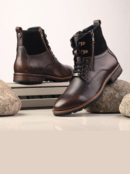 Valentino - Men Premium Leather Black Pine Side Zipper and Lace-Up Boot