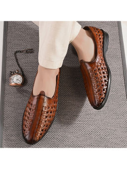 Valentino - Men Premium Leather Tan Ethnic Handwoven Slip-On Mojaris