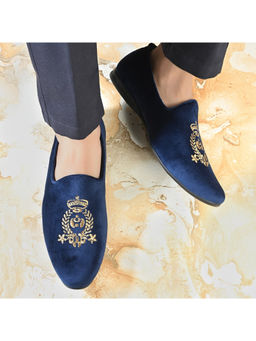 Valentino - West Port Men Velvet Emblem Party Navy Slip-Ons