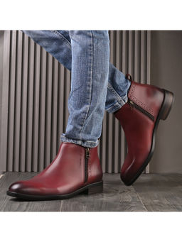 Valentino - Men Premium Leather Burgundy Ankle Side Zipper Boot