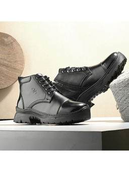 Valentino - Men Premium Leather Black Police Lace-Up Ankle Boots with Side Zipper