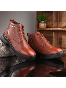 Valentino - Men Tan Premium Leather Police Lace-Up Ankle Boots with Side Zipper