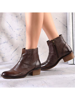Valentino - Women Premium Leather Brown Ankle Boots with Side Zip