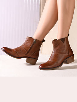 Valentino - Women Tan Premium Leather Ankle Boots with Side Zip