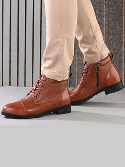 Valentino - Women Tan Premium Leather Lace-Up Ankle Police Boots with Side Zipper