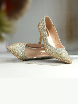 Valentino - Women Golden Glitter Pointed-Toe Pumps