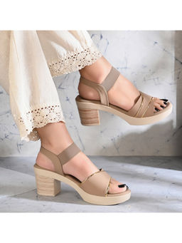 Valentino - Women Beige Block Heel Sandals with Gold Detail