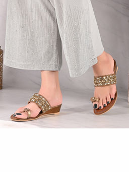 Valentino - Women Antique Gold Jeweled Toe-Ring Wedges