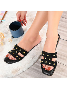 Valentino - Women Black Studded Cross Strap Flat Slide