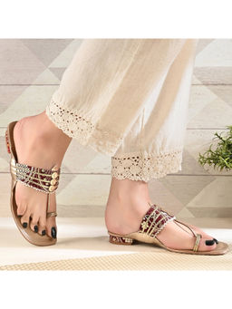 Valentino - Women Maroon Embellished Ethnic T-Strap Flats