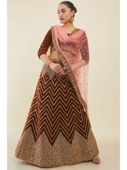 Soch - Women Light Brown Velvet Unstiched Lehenga with Chevron Embroidery and Sequins (Set of 3)