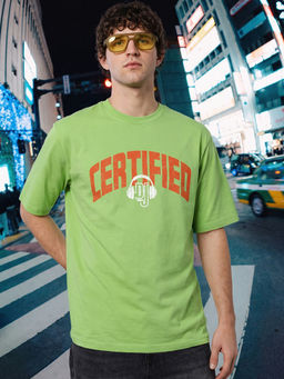 Bewakoof - Men Green Certified Typography Oversized T-shirt