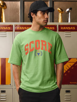 Bewakoof - Men Green Score Typography Oversized T-shirt