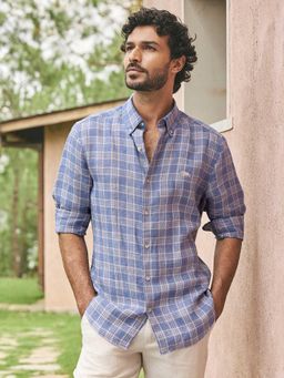 Andamen - Men Pure Linen Delave Slim Fit Casual Shirt - Blue