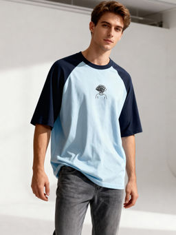 TOM MILTON - Men Blue Raglan Sleeve Round Neck T-Shirt