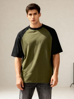 TOM MILTON - Men Green Raglan Sleeve Round Neck T-Shirt