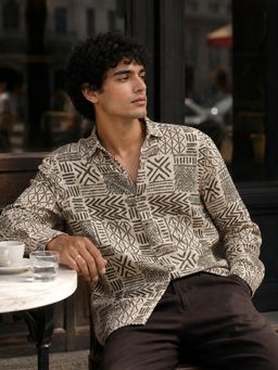 CAHOOT - Men Tribal Geometric Cotton Regular Fit Casual Shirt - Beige