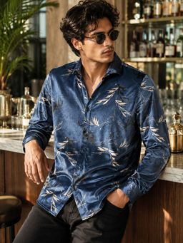 CAHOOT - Men Floral Velvet Regular Fit Casual Shirt - Navy Blue