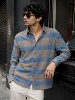 CAHOOT - Men Blue and Beige Check Flannel Oversized Fit Casual Shirt - Blue