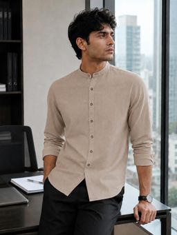 CAHOOT - Men Solid Dark Beige Mandarin Collar Cotton Casual Shirt - Beige