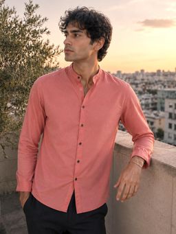 CAHOOT - Men Solid Coral Mandarin Collar Cotton Casual Shirt - Coral