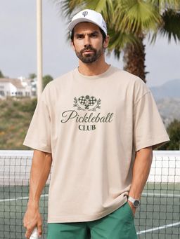 PRONK - Men PICKLEBALL CLUB Printed Oversized Printed T-Shirt - Beige