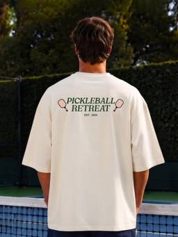 PRONK - Men PICKLEBALL RETREAT Typography Oversized T-Shirt - Off White
