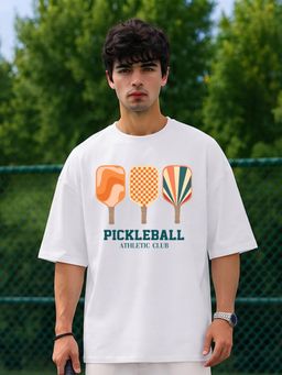 PRONK - Men PICKLEBALL ATHLETIC CLUB Typography Oversized T-Shirt - White