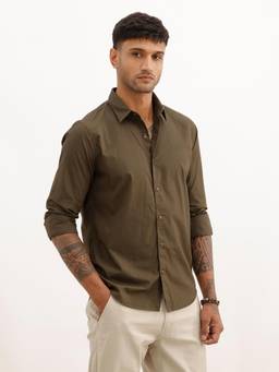 WROGN - Men Solid Slim Fit Full Sleeve Casual Shirt - Green