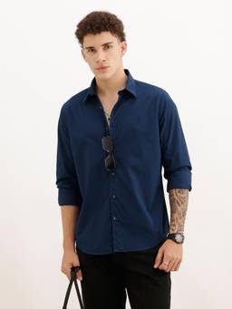 WROGN - Men Solid Slim Fit Full Sleeve Casual Shirt - Navy Blue
