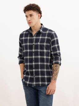 WROGN - Men Slim Fit Full Sleeve Checkered Casual Shirt - Navy Blue