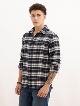 WROGN - Men Slim Fit Full Sleeve Checkered Casual Shirt - Navy Blue