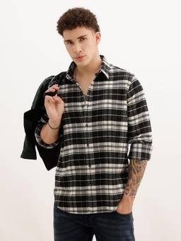 WROGN - Men Slim Fit Full Sleeve Checkered Casual Shirt - Black