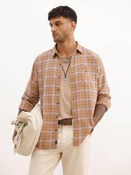 WROGN - Men Slim Fit Full Sleeve Checkered Casual Shirt - Beige