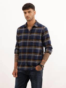 WROGN - Men Classic Slim Fit Checkered Casual Shirt - Navy Blue