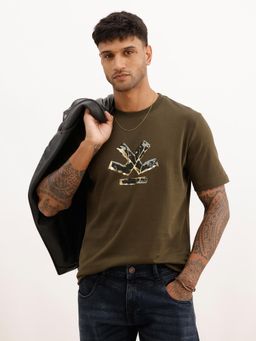 WROGN - Men Slim Fit Foil Printed T-Shirt - Olive