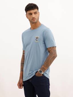 WROGN - Men Slim Fit Solid Patch Detail T-Shirt - Blue