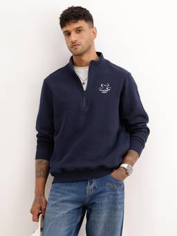 WROGN - Men Comfort Fit Placet Printed Sweatshirt - Navy Blue