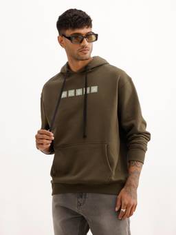 WROGN - Men Classic Oversized Placet Printed Hoodie - Olive