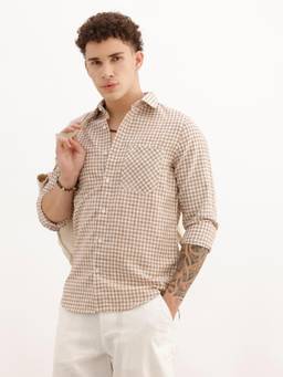 WROGN - Men Regular Fit Full Sleeve Checkered Casual Shirt - Beige