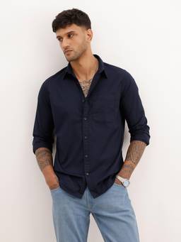 WROGN - Men Solid Regular Fit Full Sleeve Casual Shirt - Navy Blue