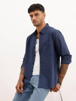 WROGN - Men Solid Regular Fit Full Sleeve Casual Shirt - Navy Blue