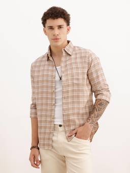 WROGN - Men Regular Fit Full Sleeve Checkered Casual Shirt - Beige