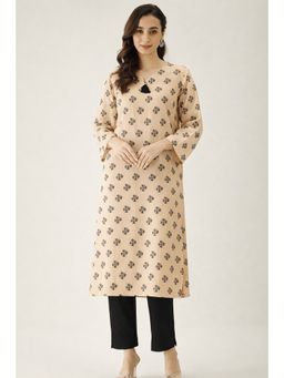 The Kaftan Company - Peach Buta Print Cotton Viscose Kurta With Tassel Neck Detail