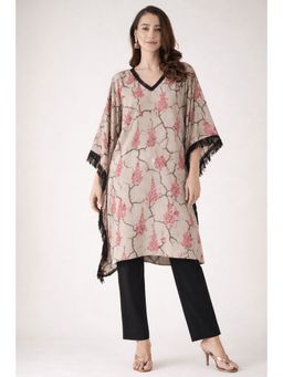 The Kaftan Company - Grey Natural Crepe Kurta With Embellished Neckline And Fringe