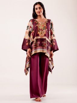 The Kaftan Company - Wine Wine Printed Viscose Rayon Nightwear Pyjama Set