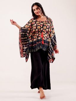 The Kaftan Company - Black Floral Printed Viscose Nightwear Pyjama Set