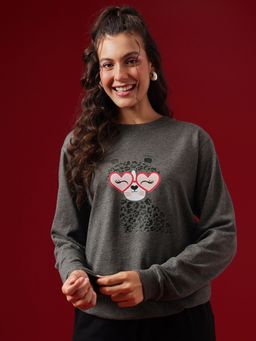 Clovia - Grey Terry Cotton Graphic Print Sweatshirt